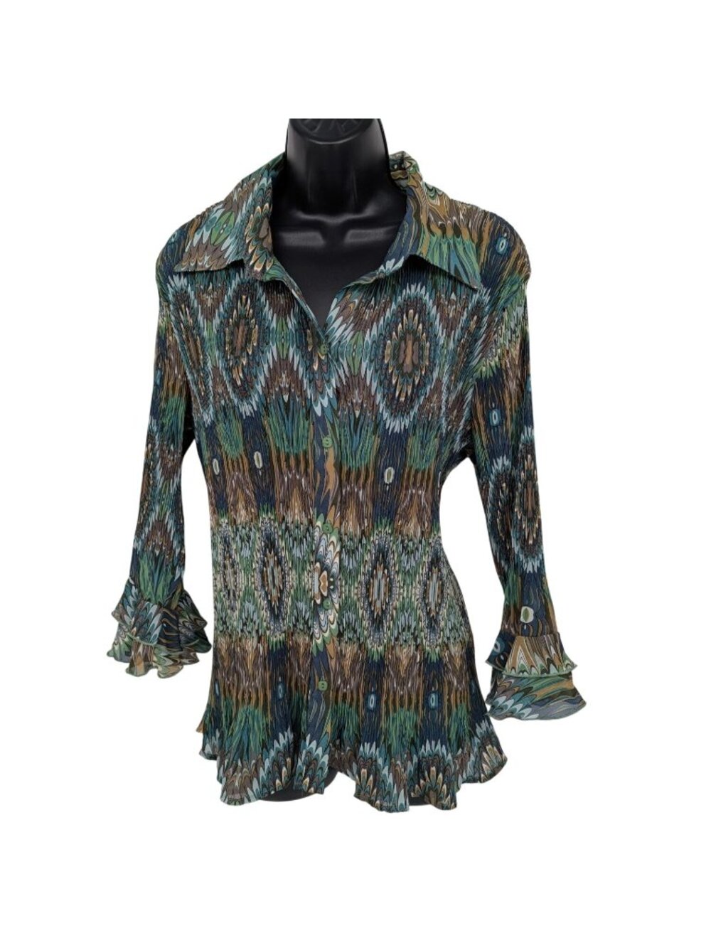 Pleated Abstract Print Top Button Up Y2K Ruffle Sleeve Fairy Festival X Large